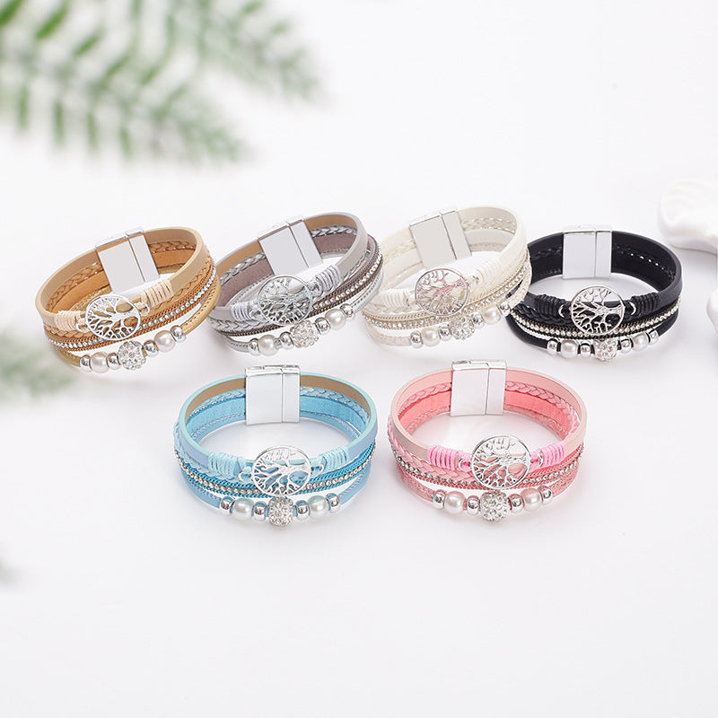 Wholesale Ethnic style imitation pearl diamond ball magnetic clasp woven bracelet